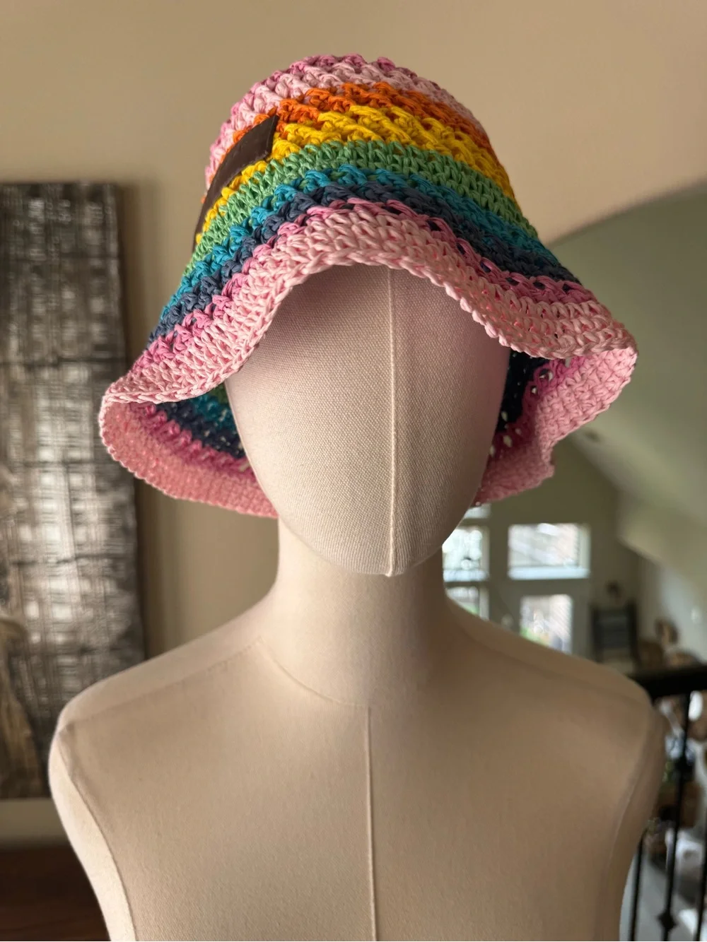 Kurt Geiger London Rainbow Stripe Straw Bucket Hat - one size